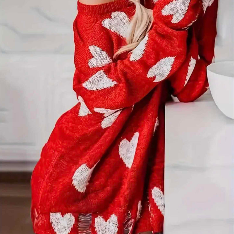 Cute Love Heart Print Oversized Off The Shoulder