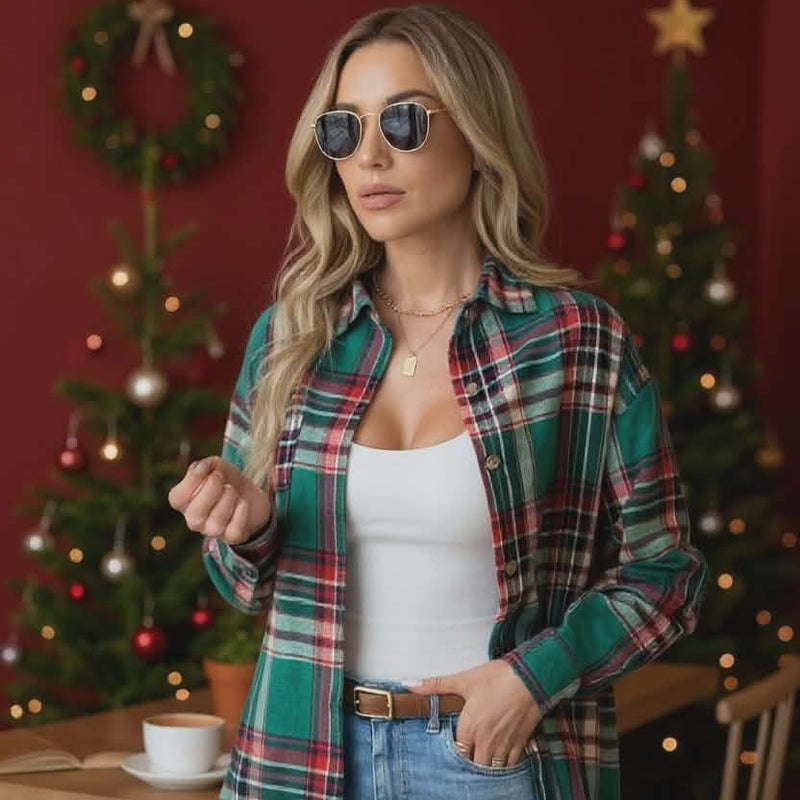 Green Plaid Flannel Button Down Shirt