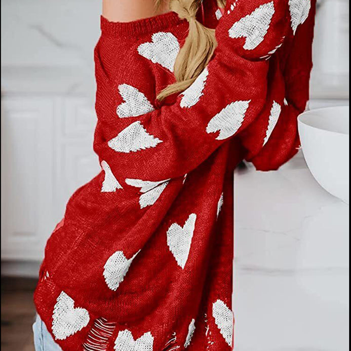 Cute Love Heart Print Oversized Off The Shoulder