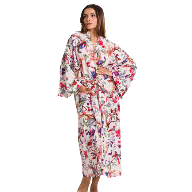 Handmade Long Kimono Robes - Ivory Multi Birds